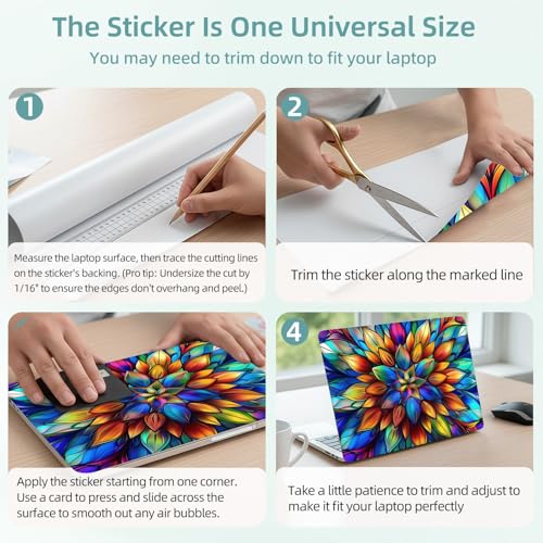 Universal Laptop Skin Decal, 3-Piece Vinyl Protector for 12 13 14 15.6" Notebook, Waterproof Anti-Scratch, Easy Trim & Bubble-Free Finish, Stained Glass Flower Pattern - color: Stained Glass Flower Pattern