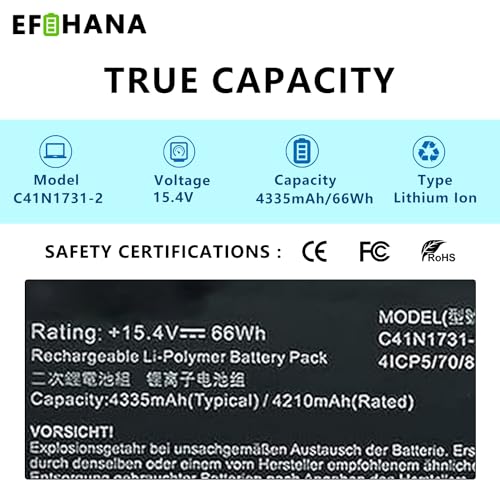 C41N1731-2 Laptop Battery Replacement for Asus ROG Strix G531GU G731GV G731GW G512LU G512LV G512LW G712LU G531GU G531GV G532LV G732LW G531GW Series 15.4V 66Wh 4335mAh 15.4V 66Wh 4335mAh - size: 10.24×3.43×0.28 in C41N1731-2