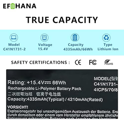 C41N1731-2 Laptop Battery Replacement for Asus ROG Strix G531GU G731GV G731GW G512LU G512LV G512LW G712LU G531GU G531GV G532LV G732LW G531GW Series 15.4V 66Wh 4335mAh 15.4V 66Wh 4335mAh - size: 10.24×3.43×0.28 in C41N1731-2