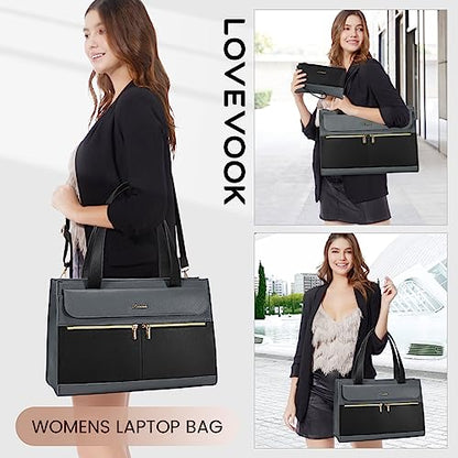 LOVEVOOK Laptop Tote for Women - 15.6 Inch Professional Leather Computer Briefcase - Waterproof Shoulder Bag - Large Capacity Business Teacher Office Bag - Crossbody Purse - color: 1# Black/Iron Gray, size: 15.6 Inch