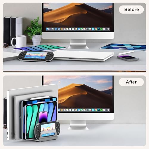 6-Slot Vertical Laptop Stand & Holder –Adjustable Aluminum Laptop Stand Vertical for Desk Fits 6 Devices, MacBook & Gaming Laptops (Up to 17.3”)–Space Saving Laptop Storage Rack - Grey - size: 6 - Slot
