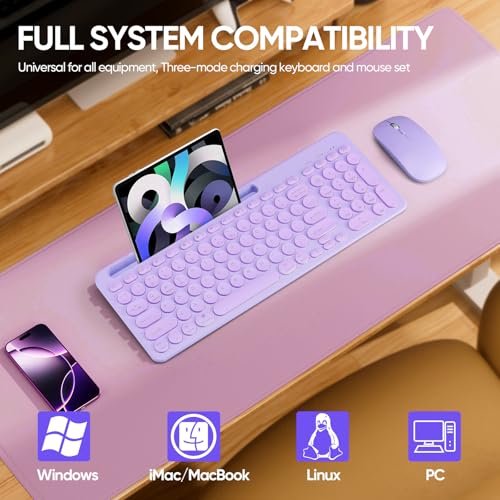 Wireless Keyboard and Mouse Combo with Phone Tablet Holder, Rechargeable Dual-Mode (Bluetooth 5.0 and 3.0 +2.4G) Multi-Device Silent Mouse for Windows, iPad, Tablet, MacOS,iOS,Android (Purple) - color: purple