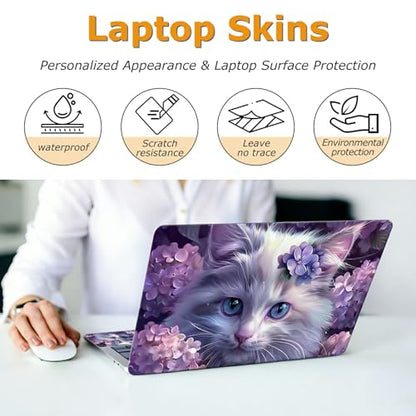 Universal Laptop Skin Sticker with 2 Wrist Pad Decals, 3-Piece Removable Vinyl Laptop Cover, Purple Flower Cat Waterproof Anti-Scratch, Easy-Trim Fit for 13.3" 14" 15.6" Laptops - color: Purple Flower Cat