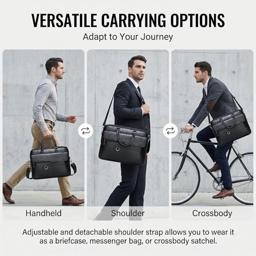 Men's Leather Laptop Bag 15 IN, Water-Resistant Briefcase Messenger Bag for Work, Business, Shoulder Crossbody Office Satchel - color: Deep Black