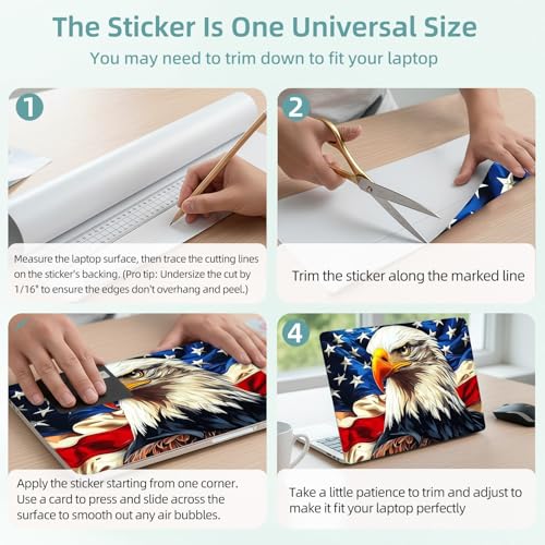 Universal Laptop Skin Decal, 3-Piece Vinyl Protector for 12 13 14 15.6" Notebook, Waterproof Anti-Scratch, Easy Trim & Bubble-Free Finish, Bald Eagle with American Flag - color: Bald Eagle with American Flag