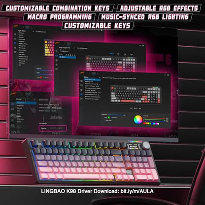 LINGBAO K98 PRO Wireless Mechanical Gaming Keyboard with Screen & Knob | Tri-Mode BT5.0/2.4G/USB-C, Gasket Mount Hot Swappable Linear Switches, RGB Backlit Creamy Sounding for PC/Mac Office& Gaming - color: K98Pro | 10000mAh | Gradient Black Pink