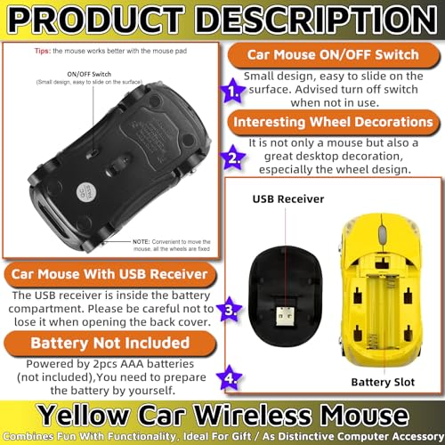 Yellow Wireless Mouse，Car Mouse 1600DPI 2.4G with USB Reciver for Computer Wireless Computer Mouse Wireless Cute Wireless Mouse for Mac OS Windows for Laptop Tablet（Yellow） - color: YELLOW