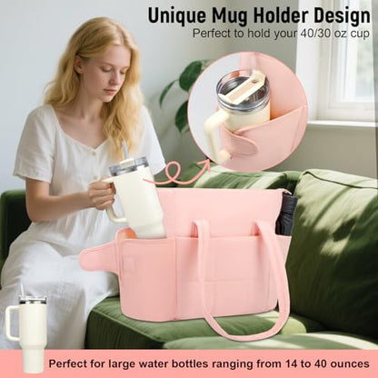 Puffer Tote Bag with Large Cup Holder& 15.6 Inch Laptop Compartment, Lightweight Puffy Work Bag with Water Bottle Pocket, Large Laptop Tote with Clutch Purse for Women Teacher Nurse (Pink) - color: Pink