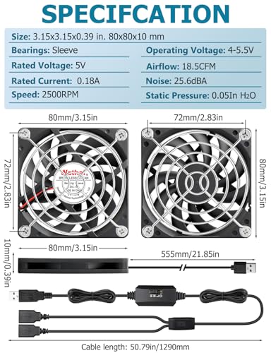 WWathai 2pcs 80mm x 10mm USB Computer Fan, USB Fans for Cooling Receiver DVR PlayStation Xbox Computer Cabinet Cooling 80x80x10mm - size: 80x10mm (5V)