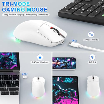 Bluetooth Wireless Gaming Mouse for MacBook Air PC iPad Pro, Ergonomic Rechargeable Laptop Mice with Jiggler Mode, 8000DPI RGB Computer Mouse Wired/Bluetooth 5.3/2.4G USB 3 Mode Connect - White