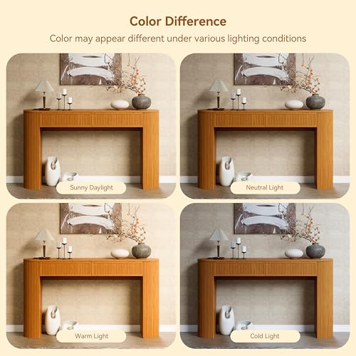 55" Fluted Console Table with 2 Drawers & LED Lights,Entryway Tables with Charging Station,Narrow Sofa Table Behind Couch,Mid-Century Modern Foyer Table for Entryway, Hallway, Living Room(Yellow Oak) - color: Yellow Oak