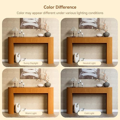 55" Fluted Console Table with 2 Drawers & LED Lights,Entryway Tables with Charging Station,Narrow Sofa Table Behind Couch,Mid-Century Modern Foyer Table for Entryway, Hallway, Living Room(Yellow Oak) - color: Yellow Oak