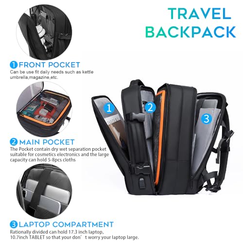 BANGE 35L Lightweight Backpack, 17.3 inch Travel Laptop Backpacks, Unisex Multifunctional Storage Pockets Business Commuter Rucksack, Waterproof and Wear-resistant Outdoor Sports Leisure daypack - size: Black-35l（with3cubes)