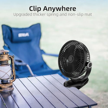 10000mAh 30hrs Portable Fan Rechargeable, 8-Inch Battery Operated Clip on Fan, USB Fans, 4 Speeds, Strong Airflow, Sturdy Clamp for Golf Cart Office Desk Outdoor Travel Camping Bed Truck Treadmill - color: Black
