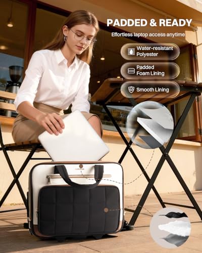 Rolling Puffer Laptop Bag, Rolling Briefcase for Women, Wheeled 16 Inch Computer Bag, Water Resistant Stylish Overnight Underseat Carry On Luggage with Wheels for Work Travel Business,Beige Brown - color: Saffiano Beige Brown