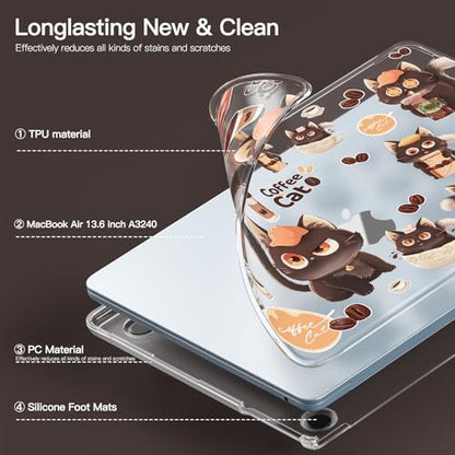 Batianda Premium Clear TPU Case for New MacBook Air 13.6" M5/M4/M3/M2 with Fun Pattern, Ultra-Slim Lightweight Protective Shell with Anti-Yellowing, Scratch Resistance & TPU Keyboard Cover, Coffee Cat - color: Coffee Cat