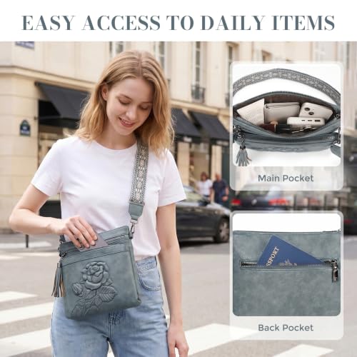 Vegan Leather Purses for Women, Daily Travel Crossbody Bags | Small Multi-Pocket Shoulder Bag with Adjustable Boho Wide Strap - color: Blue