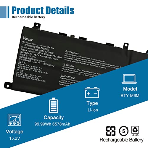 BTY-M6M Laptop Battery Replacement for MSI Creator 15 A10SD A10SDT A10SE A10SET A10SEV A10SF A10SFT A10SGS 10TLT 10TM 10TMT 11UK 11UM 11UMT, WE76 11UK 11UM Series 4ICP8/35/142. - size: 13.17*3.21*0.32 inch BTY-M6M