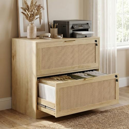 HOPUBUY 2 Drawer File Cabinet with Lock, Printer Stand Lateral | Home Office and School, Wood Rattan Filing Cabinet for Hanging Files/Letter/Legal/A4/F4 Size, Natural, 2Drawer,Set1 - color: Natural, size: Set1
