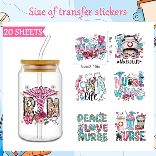 Rngmsi UV DTF Cup Wrap - 20 Sheets Nurse UV DTF Wraps for 16 oz, Bow Daisy Drink Cups Affirmative Uvdtf Stickers for Glass Water Bottles, Pink Blue Rub on Transfer Decals, DIY Nurse Gift - style: Nurse