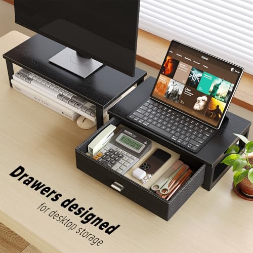 WOHOMO Dual Monitor Stand Riser with Drawers, Wood Desk Organizers for 2 Monitors, Desktop Storage Stand for Computer, Laptop, Black