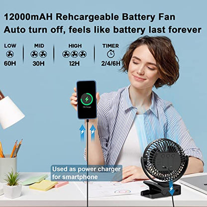 Portable Fan with Remote Control & Timer & LED Lights, 60hrs 12000mAh USB Rechargeable Battery，Clamp/Hanging/Stand Up, Small Clip on Fan for Baby Stroller, Bed, Desk, Camping Tent, Travel