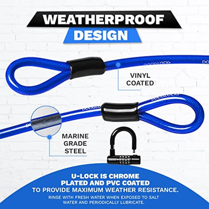 DocksLocks Security Cable Lock Set (5' to 25') Looped Ends, Weatherproof, Keyless Compact U-Lock with Combination, Anti-Theft for Bikes Equipment 15ft - size: 15ft