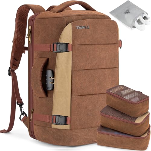 Tzowla 40L Canvas Expandable Travel Laptop Backpack for Men Women Carry on Flight Approved,Large Capacity Anti Theft Backpacks,Vintage Personal Item Bag Fit 17.3" Laptop(Brown & Khaki) - color: Brown & Khaki