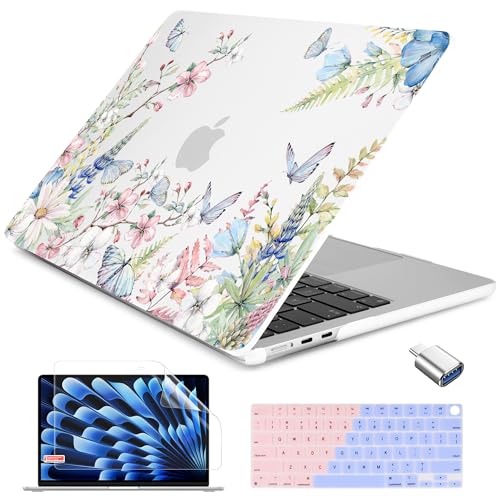 Batianda LumiArt Case for MacBook Air 13.6" M2-M5 Chip, Butterfly Garden | 4-in-1 Set with Watercolor Flowers Butterflies Design, Lightweight Slim Hard Shell For Women, Students and Floral Lovers - color: Butterfly and flower
