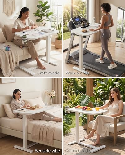 Marsail 28×16″ Overbed Table with Hidden Wheels, Pneumatic Adjustable Bedside Table, Mobile Rolling Table with 360° Hideable Cup Holder, White - color: White, size: 28x16"