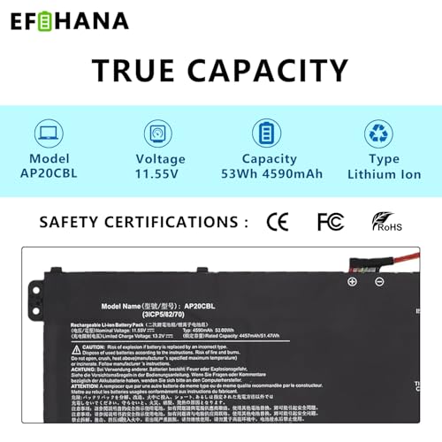AP20CBL Laptop Battery Replacement for Acer Aspire 5 A515-46 A515-45 A515-45G Aspire 7 A715-43G Swift 3 SF314-43 SF314-511 Vero AV15-51 TravelMate Spin B3 B311RNA-32 TMB311RNA-32 11.55V 53Wh