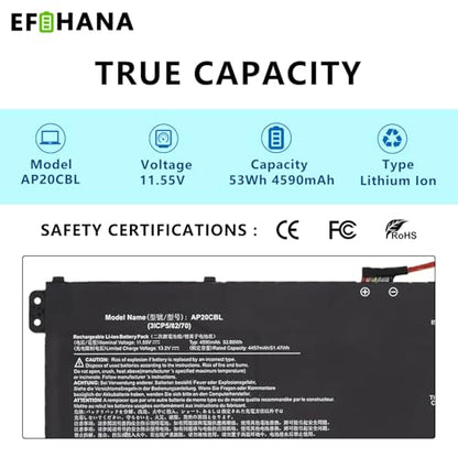 AP20CBL Laptop Battery Replacement for Acer Aspire 5 A515-46 A515-45 A515-45G Aspire 7 A715-43G Swift 3 SF314-43 SF314-511 Vero AV15-51 TravelMate Spin B3 B311RNA-32 TMB311RNA-32 11.55V 53Wh