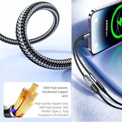USB C to 3.5mm Audio Adapter with 60W PD Fast Charging, 2-in-1 DAC Audio Converter and Headphone Jack, Compatible with iPhone 15/15 Pro, iPad Pro, Samsung Galaxy, Gaming, Car Aux (2 Pack) - size: 2 Pack
