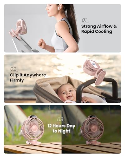 Koonie Portable Clip-On Fan, Small Rechargeable Battery Operated, 3 Speeds | Pink Mini Clamp Fan With LED Display, 360° Rotate Personal Cooling Desk Fan for Stroller Bed Travel Camping Golf Gym - color: pink