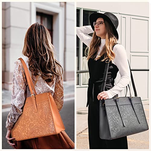 Missnine Laptop Tote Bag for Women 15.6 Inch Leather Work Bags Teacher Computer Purse Briefcase Handbag for Office, Travel - color: Embossed Brown