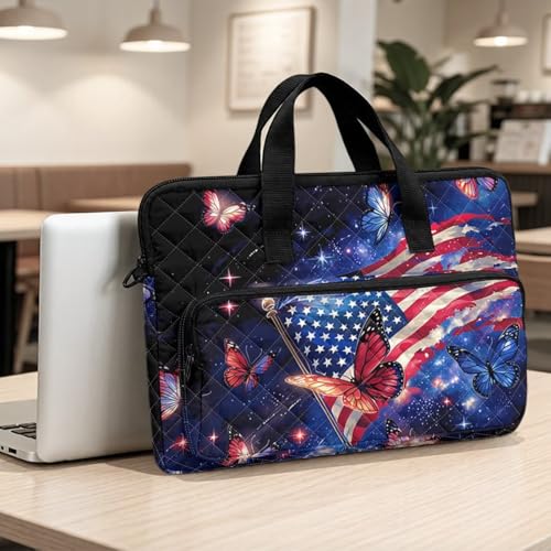 Laptop Sleeve, Laptop Cover with Adjustable Strap Computer Bag Tablet Notebook Sleeves Handbag Messenger Briefcase - color: Butterfly American Flag Design
