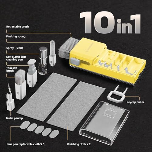 All-in-1 Keyboard Cleaner Laptop Cleaning Kit,Computer Screen-Safe Tools | MacBook iPad iPhone,Electronics Brush Tool for PC Camera Lens Earbuds,Deep Cleaning Spray Cloth, High-Density Soft Brush - color: BrightYellow