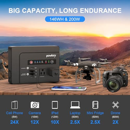 powkey 200W Portable Power Bank with AC Outlet 120V, 146Wh Power Station | Rechargeable Backup Lithium Battery Powered, Pure Sine Wave AC Outlet for Outdoor RV Trip Travel Home Office Emergency - color: Black