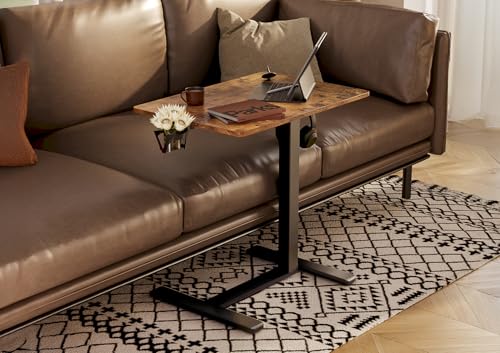 Claiks Mobile Standing Desk with Cup Holder Overbed Table 25.5" Brown | Cup Holder, Rolling Adjustable Desk, Hidden Wheels, Gas Spring Lift, Side Hook, Easy Assembly, Hospital Use - color: Rustic Brown
