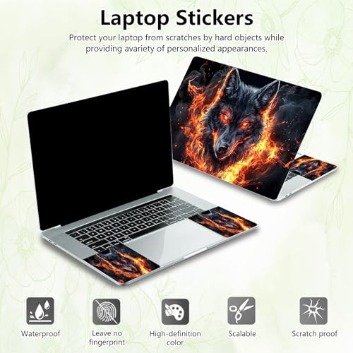 Laptop Skin Sticker Decal, Universal Reusable Vinyl Laptop Cover for 12" 13" 13.3" 14" 15" 15.4" 15.6" Notebook PC, Waterproof Scratch-Resistant with 2 Wrist Pads, Easy to Apply & Remove,Fire Art Wolf - color: Fire Art Wolf