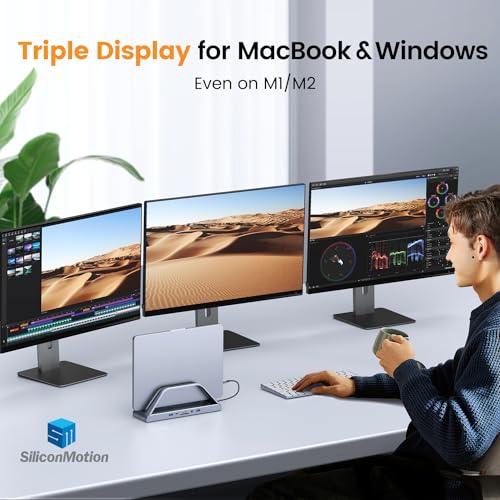 TobenONE 14-in-1 MacBook Pro Docking Station Dual 4K Monitor, Driver-Based | Aluminum Vertical Dock Stand for MacBook M1-M5/Neo, Dual 4K HDMI, VGA, 65W Adapter, 5Gbps USB, Space-Saving for Home & Office