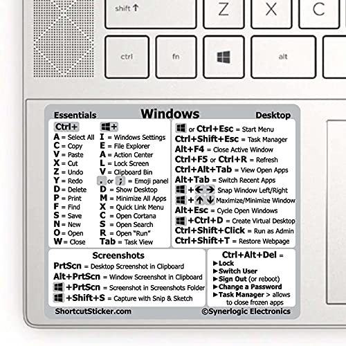 Synerlogic Windows PC Reference Keyboard Shortcut Sticker | Vinyl, Laminated Windows Shortcut Sticker for PC Laptop or Desktop | Shortcuts Cheat Sheet (Clear/Small) - color: Clear Sm