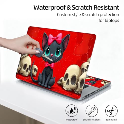 Universal Laptop Skin Sticker Decal, 12"-15.6" Aesthetic Vinyl Wrap, Black Cat Skulls Waterproof Notebook Cover Art Protector for MacBook HP Dell Lenovo, Fits 13" 14" 15" 15.6" - color: Black Cat Skulls