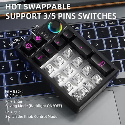 KEYCOOL K19 Wireless Numeric Keyboard, Mechanical Number Keypad Hot-swappable Bluetooth Numpad 5.0/2.4GHz, RGB Multi-Function Knob Numerical Keyboard for Laptop Mac Win iOS Android - color: Earl Red 19 Key