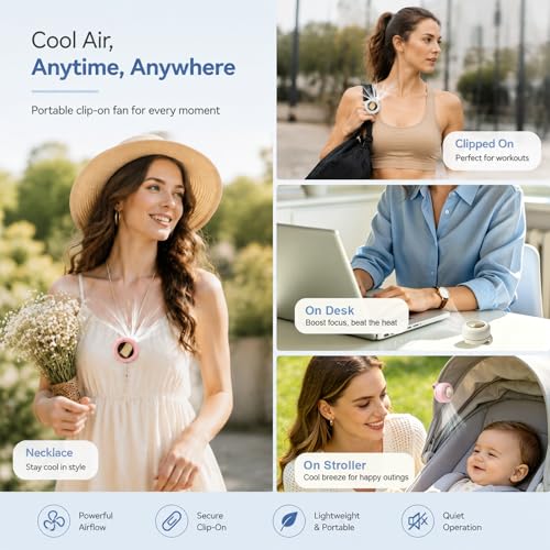 Portable Clip-On Fan, Mini Bladeless Waist Fan, 5100RPM 25dB Ultra-Quiet 3-Speed Rechargeable Small Whirlwind Fan, Hands-Free Personal Cooling for Outdoor Travel Office Camping with USB-C - color: White-Pink