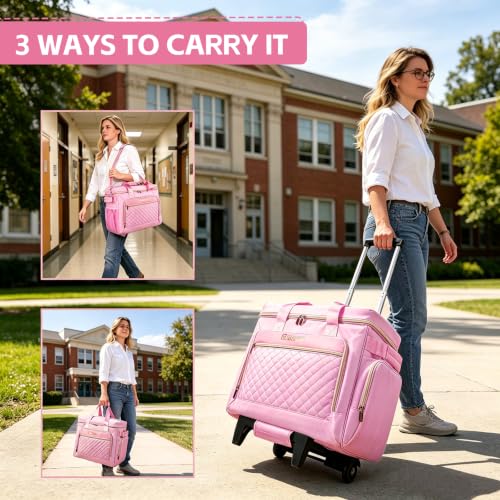 Rolling Teacher Bag with Detachable Cart - 1680D Waterproof Oxford Rolling Cart for Teachers, Large Capacity Tote with Wheels Fits 15.6" Laptop & Tablet(PINK) - color: pink