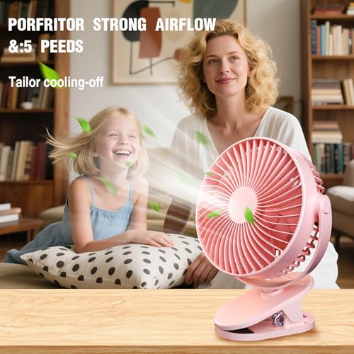 Clip on Fan Rechargeable, 8-Inch Battery Operated Desk Fan, USB Fan, 5Speeds, Strong Airflow, Sturdy Clamp for Golf Cart Office Desk Outdoor Travel Camping Tent Gym Treadmill,Pink - color: Pink