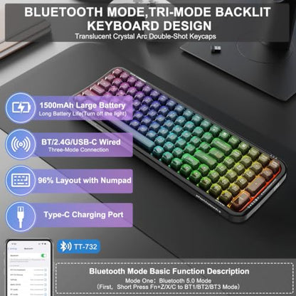FOPETT Wireless Computer Keyboard with RGB Backlit, Tri-Mode Bluetooth 5.0/USB-C/2.4GHz Ergonomic Gaming Keyboard - Full-Size Rechargeable Transparent Keycap for Laptop/Windows/PC - Black - color: 732 Black