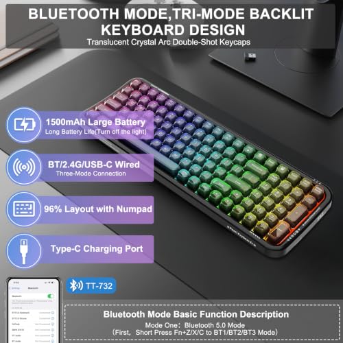 Wireless Computer Keyboard with RGB Backlit, Tri-Mode Bluetooth 5.0/USB-C/2.4GHz Ergonomic Gaming Keyboard - Full-Size Rechargeable Transparent Keycap for Laptop/Windows/PC - Black - color: 732 Black