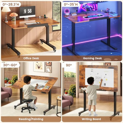 SEDETA 31.5 Inches Electric Standing Desk, 180° Tiltable Mobile Rising | Computer Desk Height Adjustable with Wheels for Drawing/Writing/Gaming/Study/Home Office/Small Space, Rustic Brown - color: Rustic Brown, size: 31.5 x 19.7 Inches